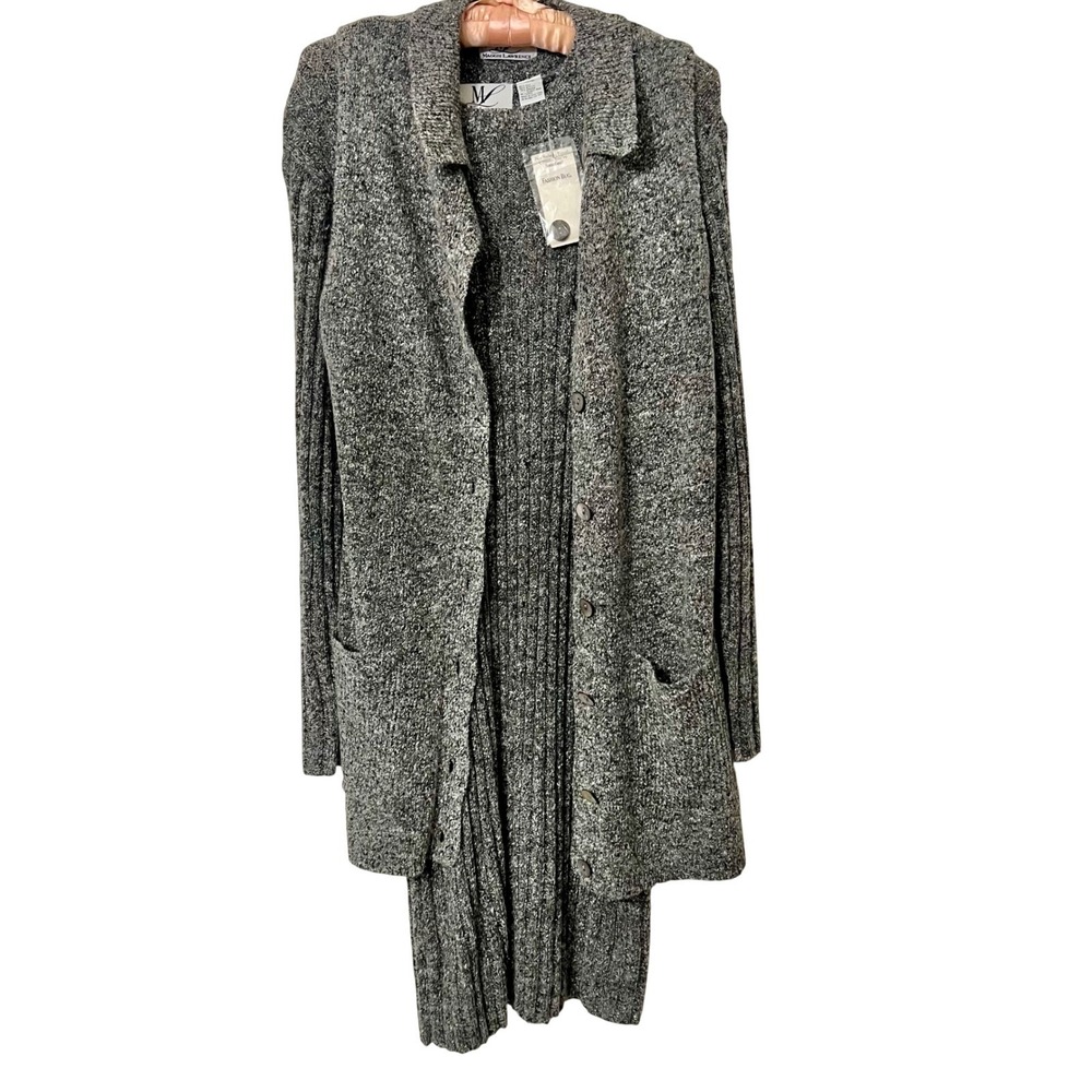 VTG MAGGIE LAWRENCE 80s Silk Blend Women XL Gray Speckled Knit Duster Dress Set